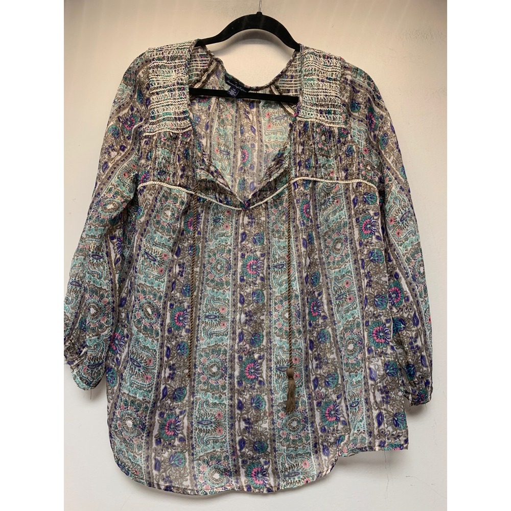 American Eagle Blouse Womens Large Teal Paisley Metallic Boho Peasant Top Exc‎